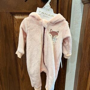 Tahari Baby Pink Hooded Footie with Fox Design